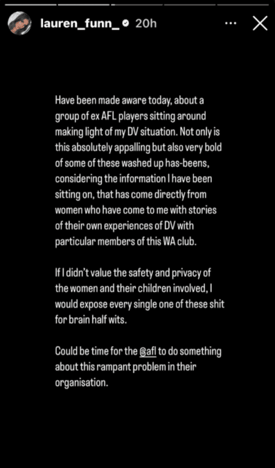 lauren dunn afl domestic violence